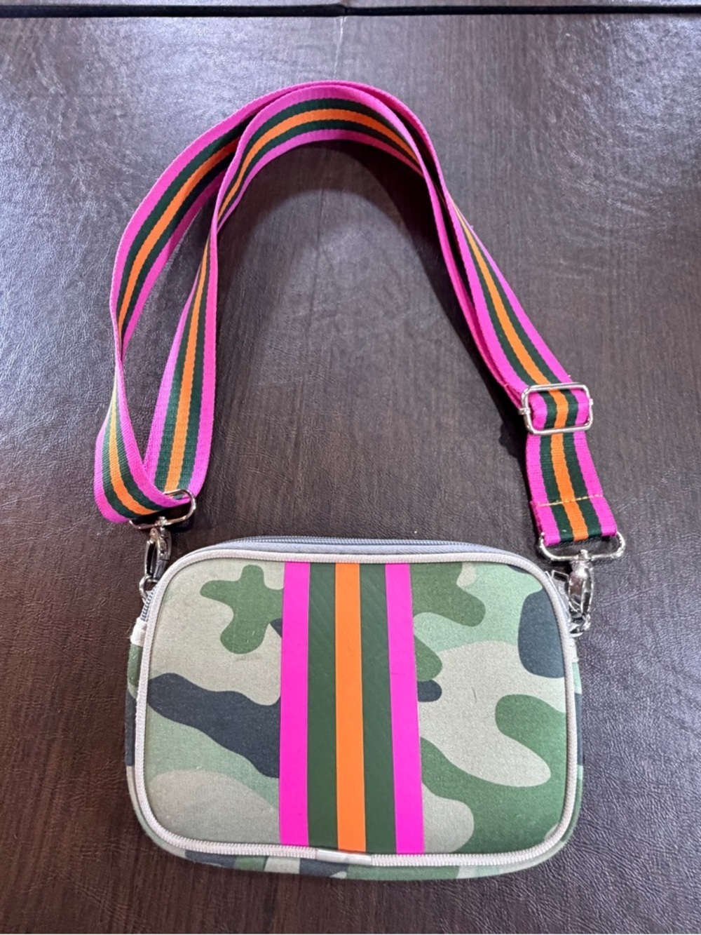 Prenelove Camouflage Crossbody Bag with Pink & Orange Stripes